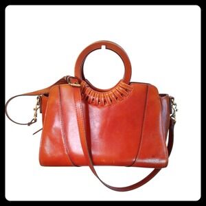 Patricia Nash Aria Burnt Orange Leather Ring Handle Satchel Crossbody Handbag VG